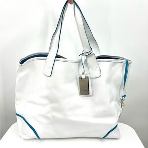 White and Blue Leather Women's Tote Bag
